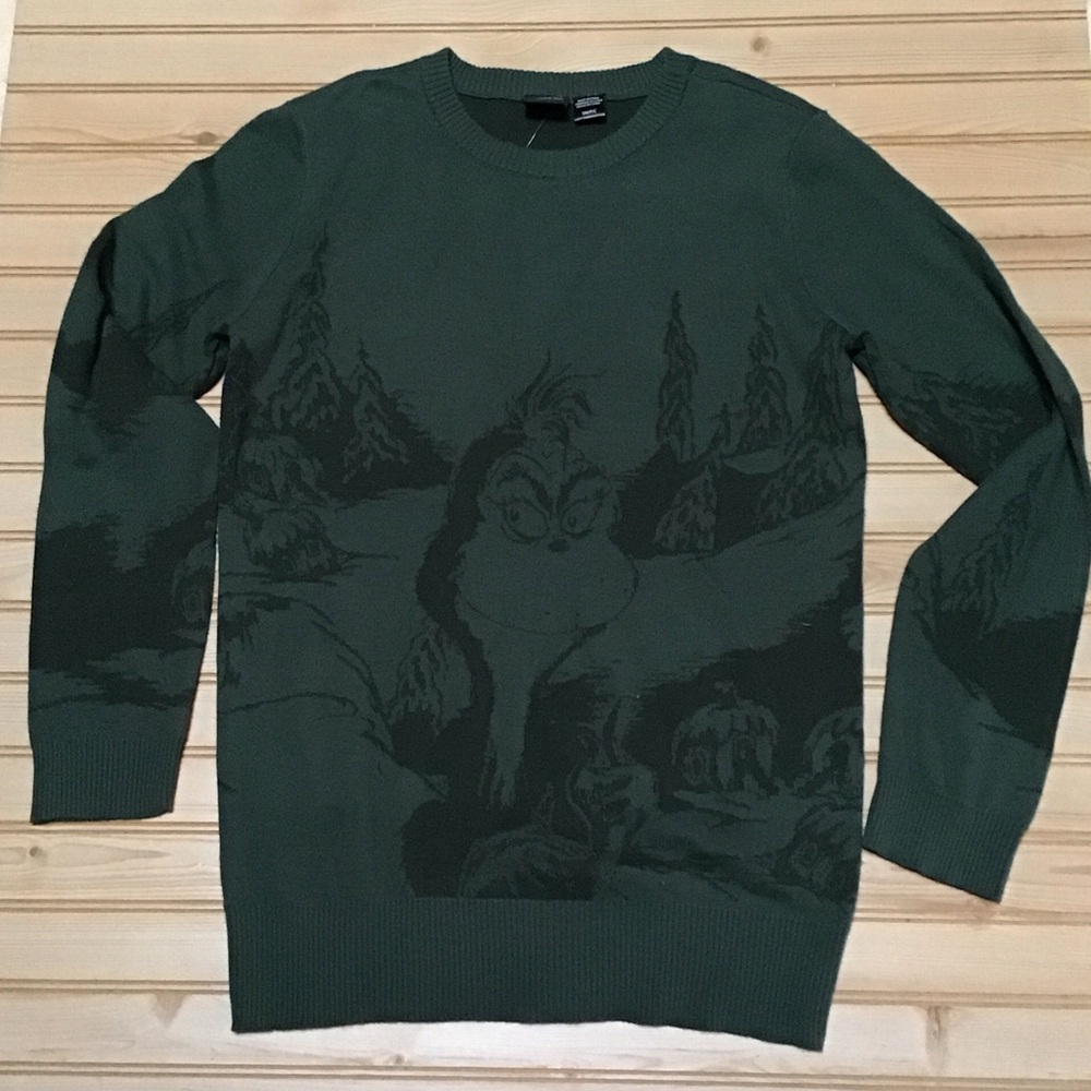 Dr Seuss Dark Green Grinch Whoville Graphic Crewneck‎ Cotton Sweater Small NWT